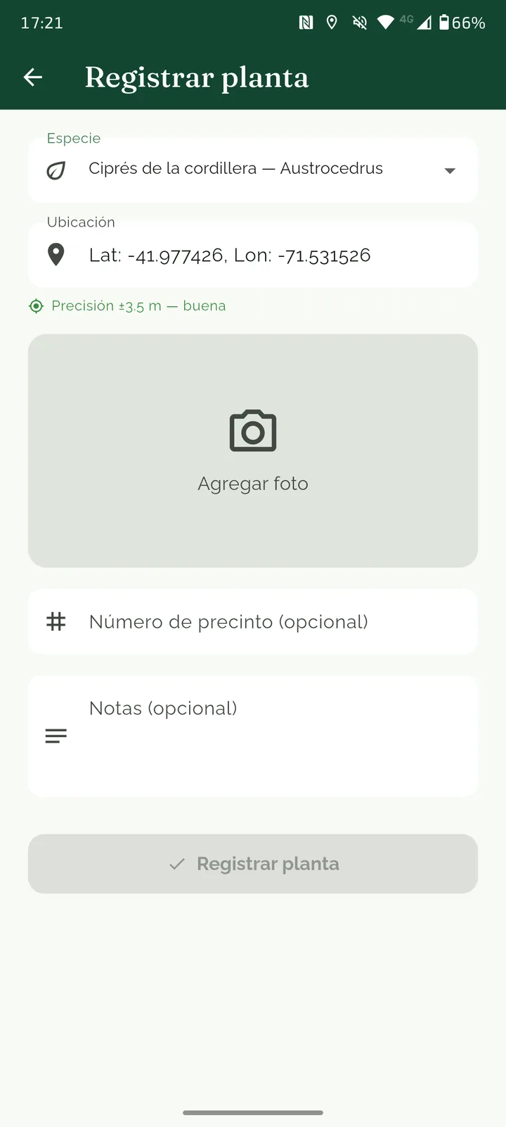 Pantalla de registrar planta
