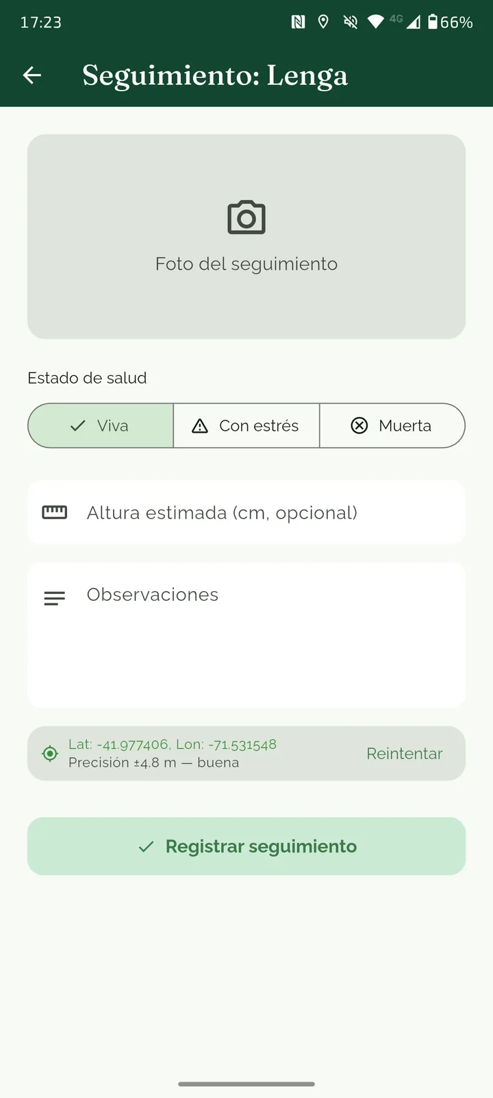 Pantalla de registrar monitoreo